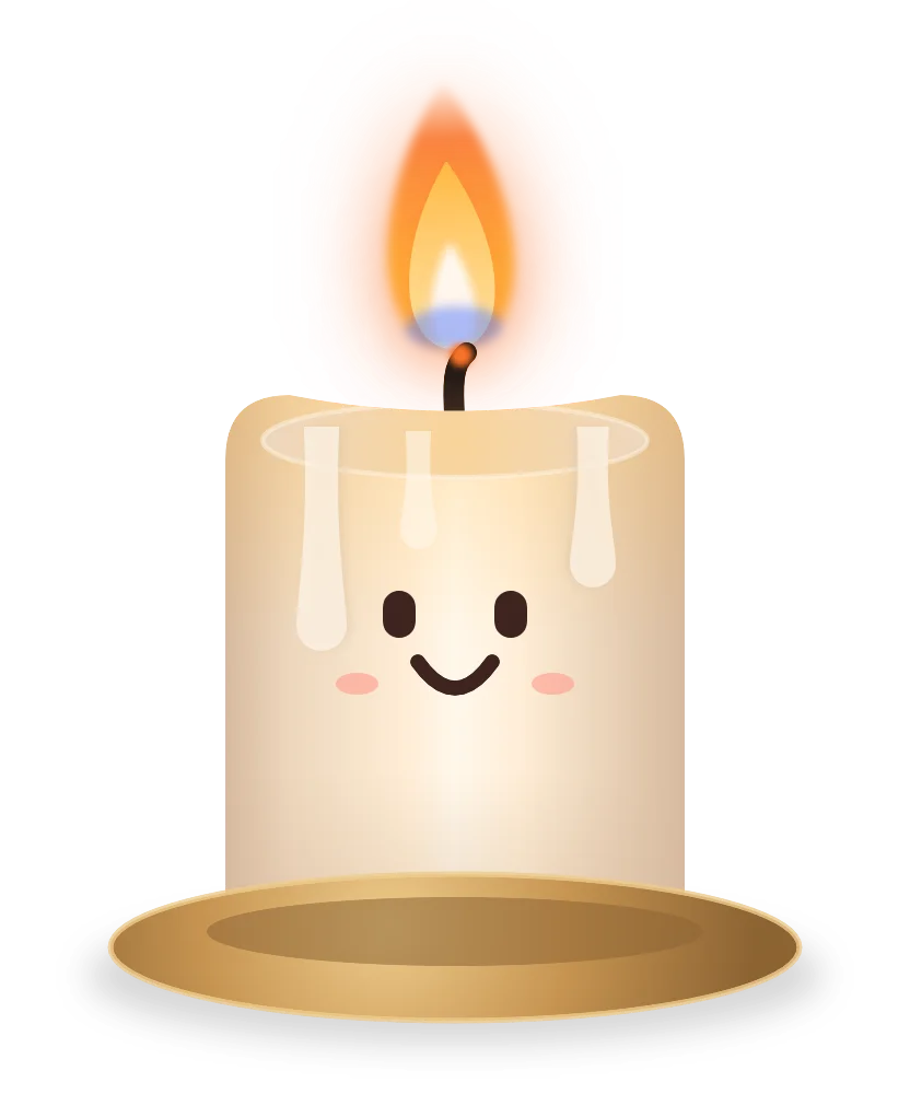 Wick, a smiling candle with a lit flame, standing on a brass dish